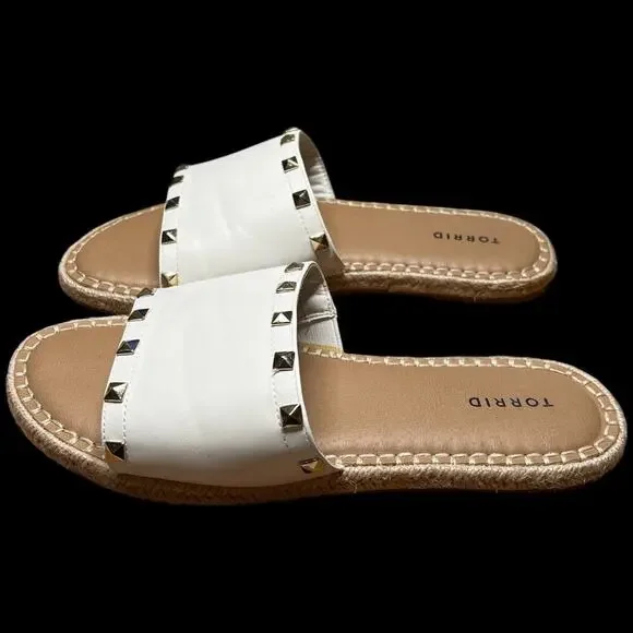 Torrid Women's Size 9WW White Leather Espadrilles Gold Studs Slides Plus Size - Picture 1 of 12